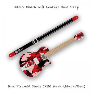 【 50mm Width Soft Leather Bass Strap / Side Piramid Studs IKUO Mark (Black/Red) 】( IKUO Model )