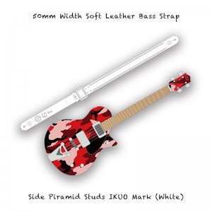 【 50mm Width Soft Leather Bass Strap / Side Piramid Studs IKUO Mark (White) 】( IKUO Model )