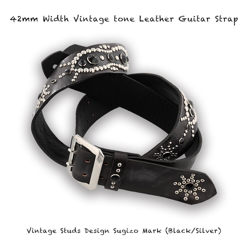 【 42mm Width Vintage tone Leather Guitar Strap / Vintage Studs Design 003  】( SUGIZO Model ) - ModernPirates Online Store