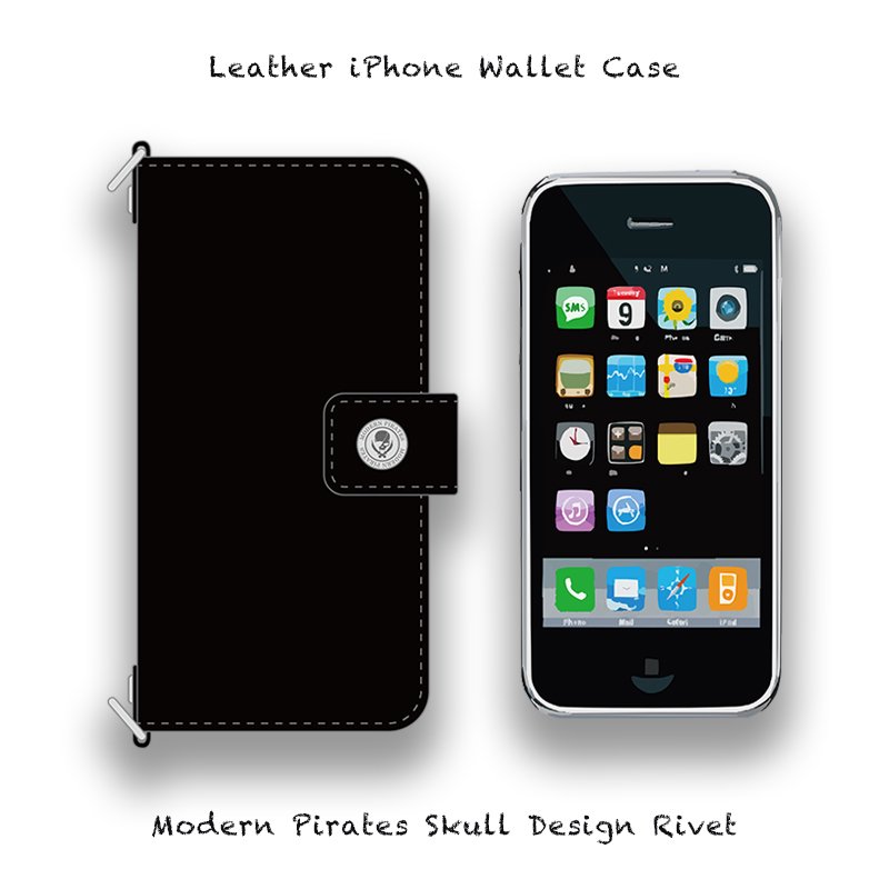 Leather iPhone Wallet Case / Modern Pirates Skull Design Rivet 