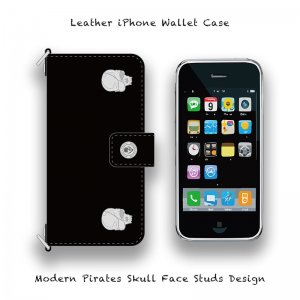 【 Leather iPhone Wallet Case / Modern Pirates Skull Two Face Studs Design 】( Hook Type )