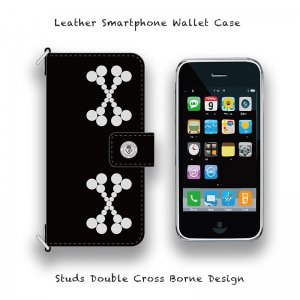  Leather Smartphone Wallet Case / Studs Double Cross Borne Design ( Hook Type )