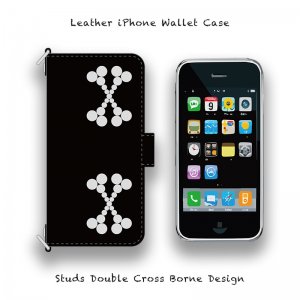  Leather iPhone Wallet Case / Studs Double Cross Borne Design ( Magnet Type )