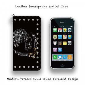  Leather Smartphone Wallet Case / Modern Pirates Skull Studs Detailed Design 