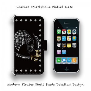  Leather Smartphone Wallet Case / Modern Pirates Skull Studs Detailed Design ( Hook Type )