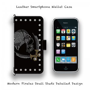  Leather Smartphone Wallet Case / Modern Pirates Skull Studs Detailed Design ( Magnet Type )