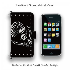  Leather iPhone Wallet Case / Modern Pirates Skull Studs Design ( Hook Type )