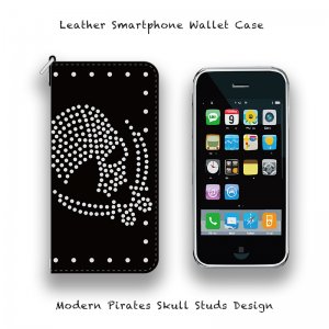  Leather Smartphone Wallet Case / Modern Pirates Skull Studs Design 