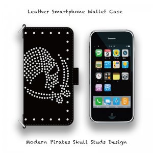  Leather Smartphone Wallet Case / Modern Pirates Skull Studs Design ( Hook Type )