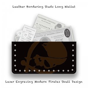 【 Leather Bordering Studs Long Wallet / Laser Engraving Modern Pirates Skull Design 】