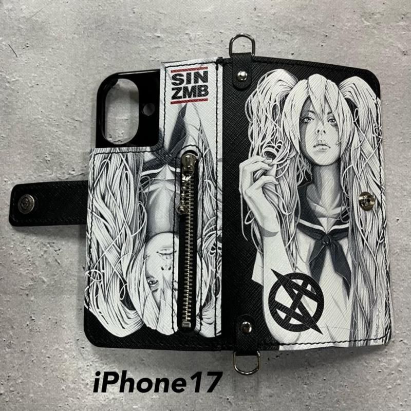 HISASHIxMP Leather iPhone Wallet Case / SIN ZMB Monochrome Print