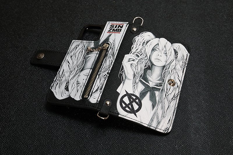 HISASHIxMP Leather iPhone Wallet Case / SIN ZMB Monochrome Print