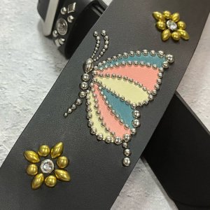  60mm Width Hard Leather Guitar Strap /  Butterfly & Flower Spots Design 