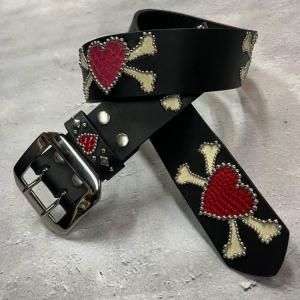  42mm Width Leather Belt / Heart  Crossborn Motif Spots Design 

