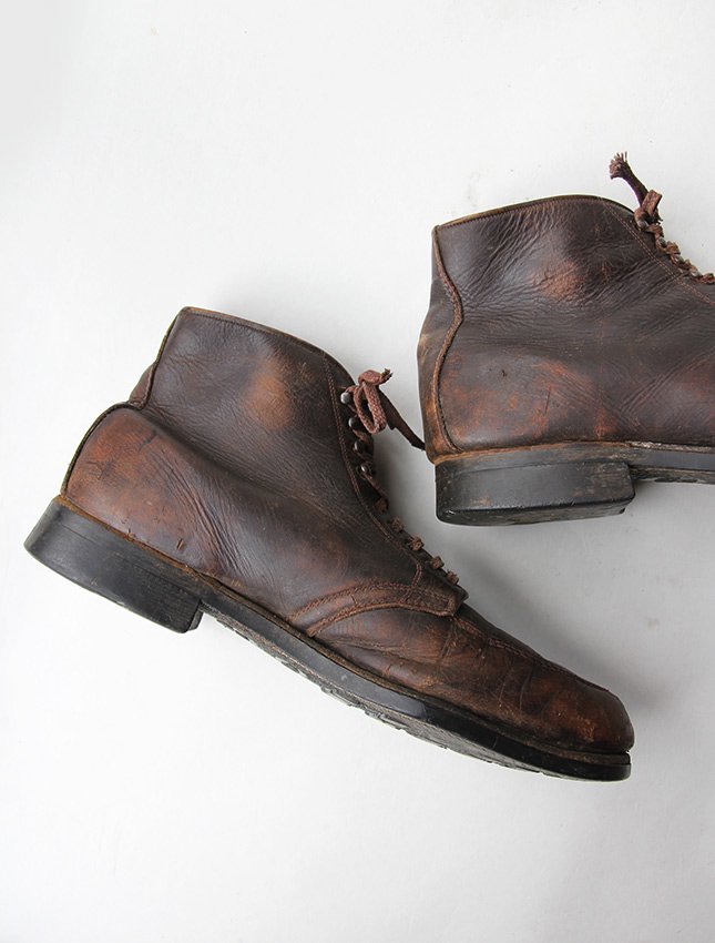40s UNKNOWN LEATHER WORK BOOTS - MATIN, VINTAGE OUTFITTERS 