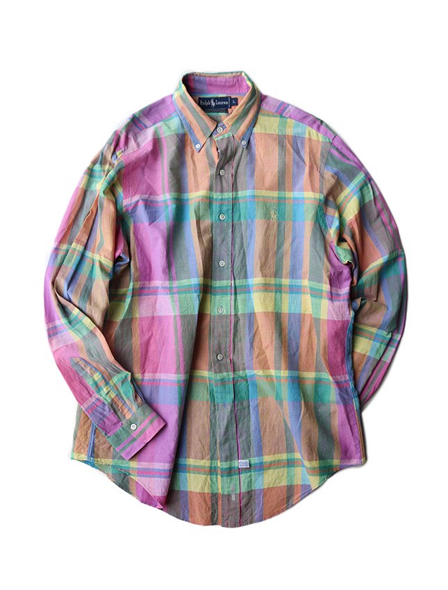 80s RALPH LAUREN MADRAS CHECK HAND WOVEN B/D SHIRTS SIZE L - MATIN 