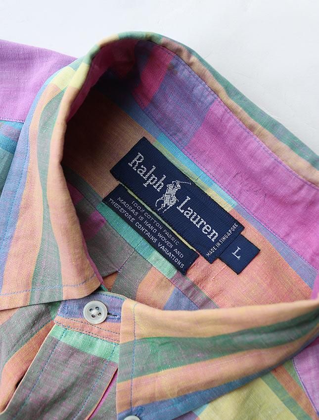 80s RALPH LAUREN MADRAS CHECK HAND WOVEN B/D SHIRTS SIZE L