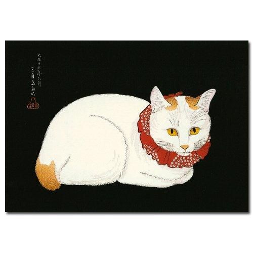 白猫とさくらんぼのキャンバスアート 15cm ポストカード 高橋弘明《白猫》