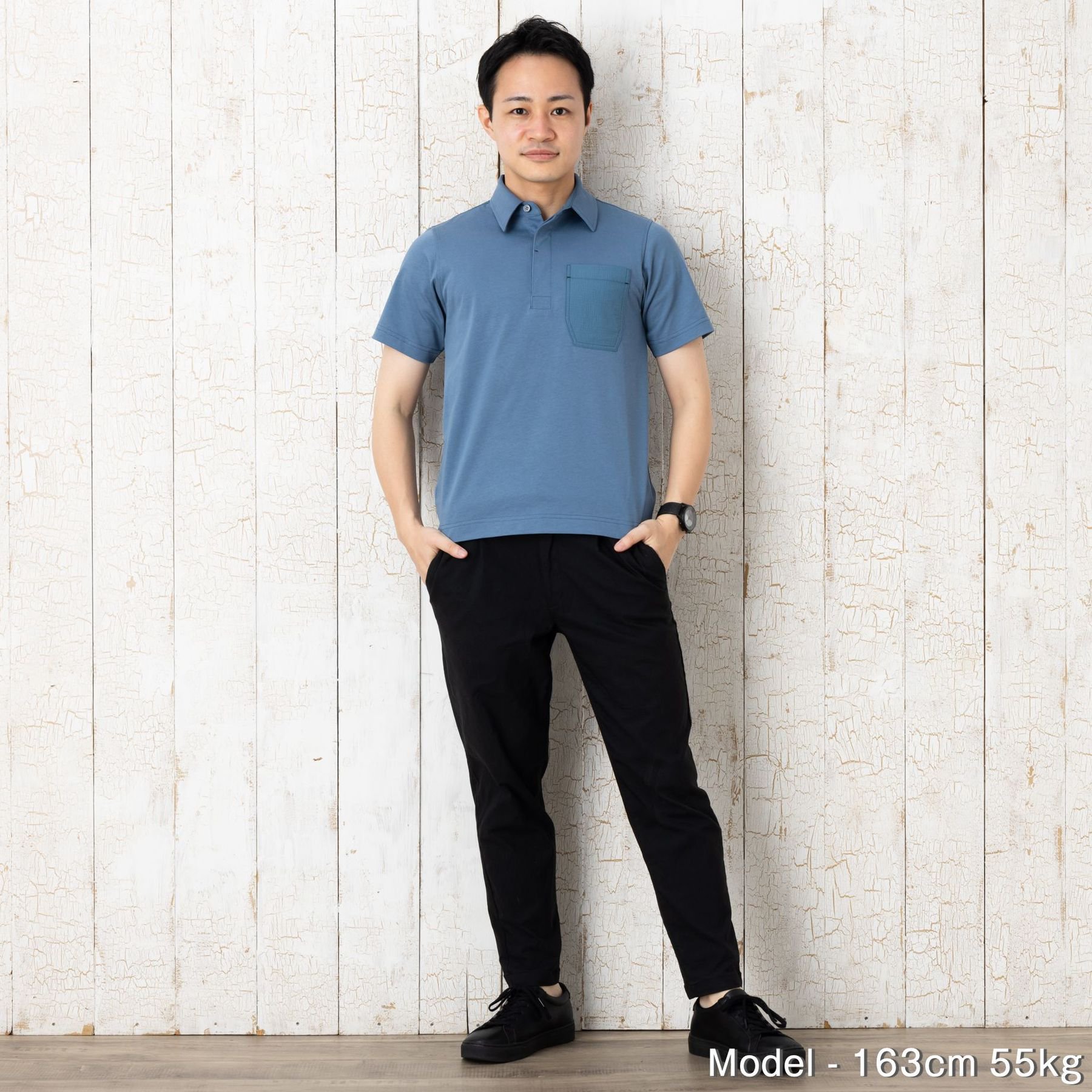 小柄・低身長な男性のための切り替え半袖ポロシャツ（ブルー・XSサイズ 