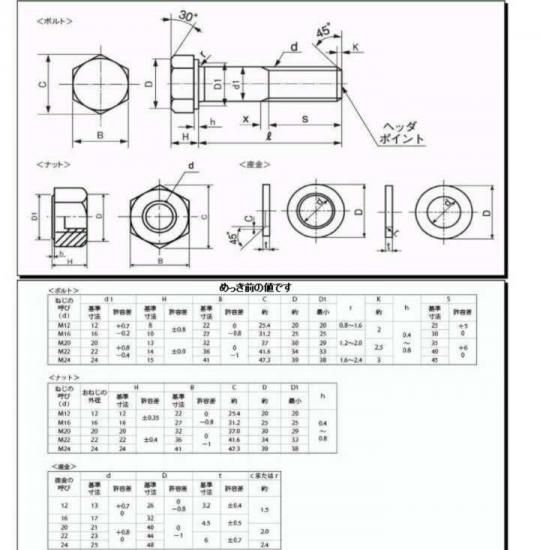 F8T(ドブ)六角ハイテンションボルト M16X40 F8T(ドブ)六角ハイテンションボルト M16X40