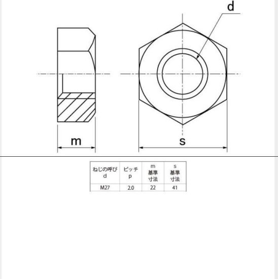 左ネジ※ステン 六角ナット1種 M27 P=2.0(細目)切削品