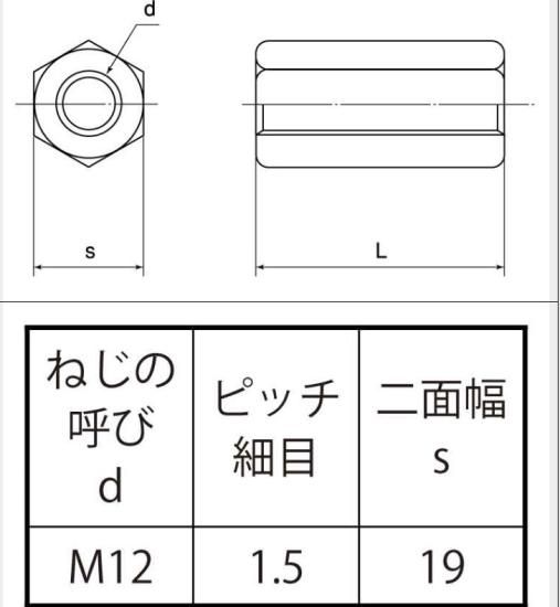 鉄 高ナット M12X30(平径19) メッキ品 細目ピッチ (P=1.5) 鉄 高ナット M12X30(平径19) メッキ品 細目ピッチ (P=1.5)