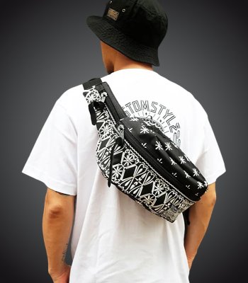 kustomstyle カスタムスタイル ウエストバッグ (FCWB0902BKWH) bandana waist bag embroidary カラー：ブラック×ホワイト刺繍