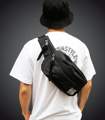 kustomstyle カスタムスタイル ウエストバッグ (FCWB0902BKBK) bandana waist bag embroidary カラー：ブラック×ブラック刺繍