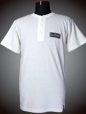 RealMinority リアルマイノリティー  ヘンリーネックTシャツ (box logo) 6.2oz Henley neck T-shirt カラー：ナチュラルホワイト