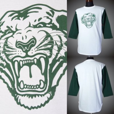 parasite パラサイト 3/4スリーブ ベースボールTee (TIGER) baseball T-shirt カラー：ホワイト×グリーン