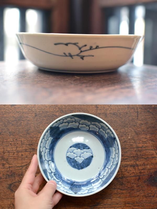 くらわんか　豆皿（5枚）白抜き　雪輪紋　裏：折れ松葉 くらわんか 豆皿（5枚）白抜き 雪輪紋 裏：折れ松葉