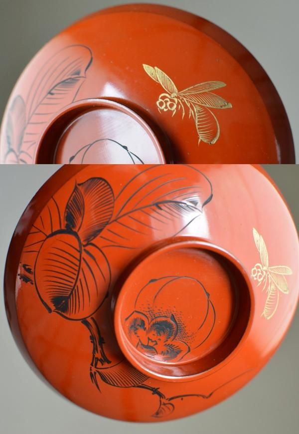 aB26 輪島塗 大型菓子蓋付 朱漆塗り 孔雀 金彩 高蒔絵 見返り