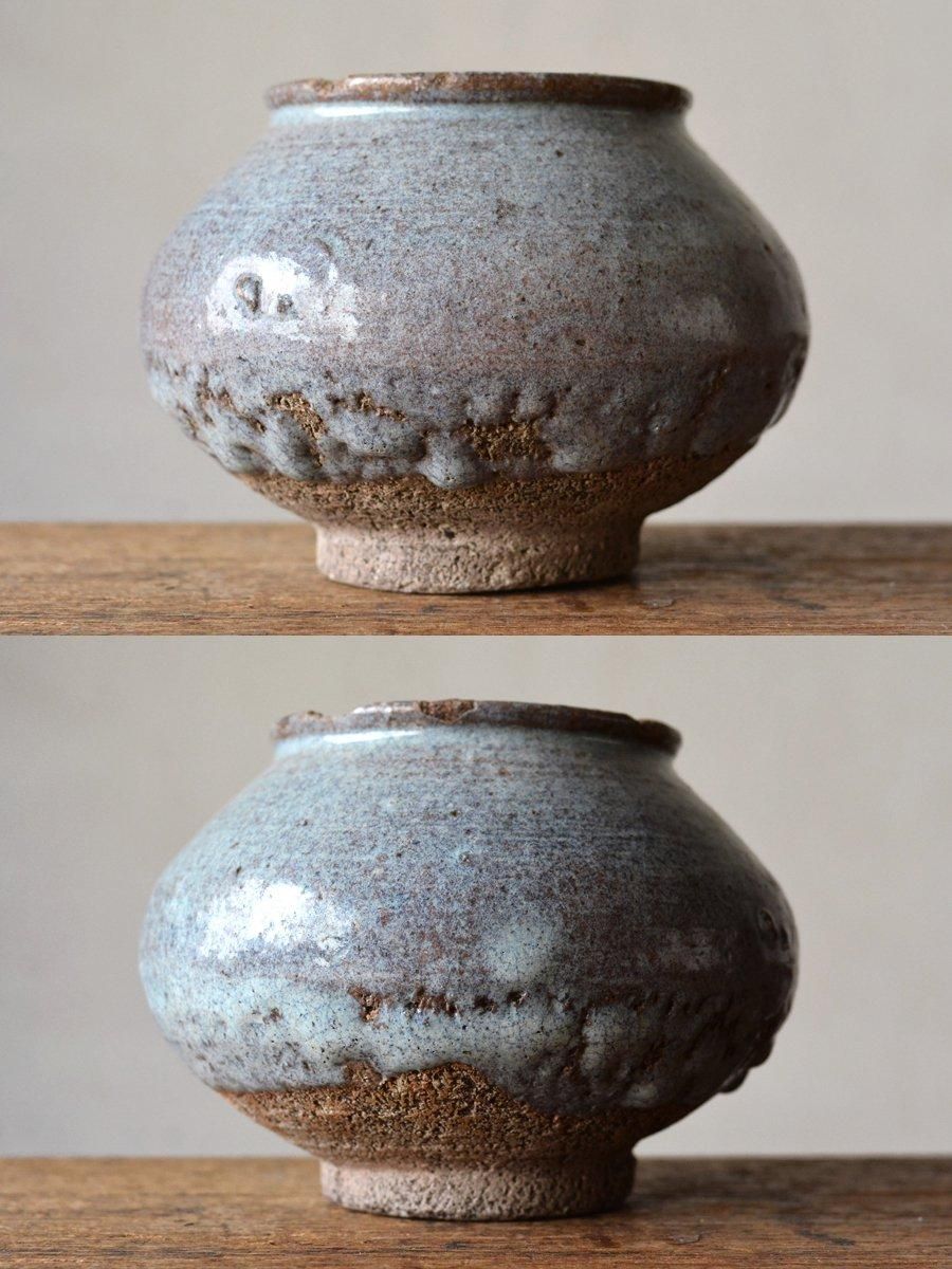 【国指定伝統工芸品】熊本県【小袋焼】藁灰釉　黄釉　花入れ　水草入れ　メダカ入れ 会寧焼 藁灰釉壷 算盤玉型 - ANTIQUE belle WEB SHOP