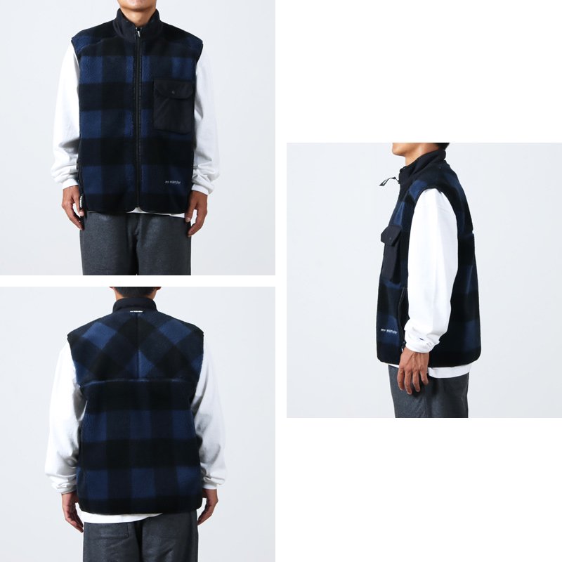 and wander (アンドワンダー) check boa vest / チェックボアベスト