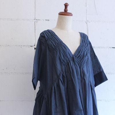seaside freeride ピンドットモチーフギャザーブラウス col:NAVY×BROWN