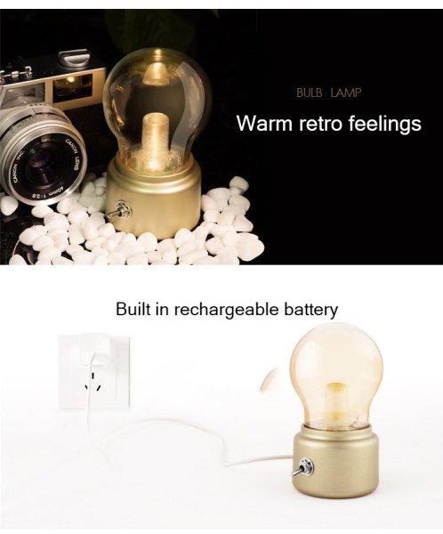 デザイン照明 クラシックLEDデスクランプ　レトロ　USB充電式　ブラック／ゴールド（Φ70×H110mm） 