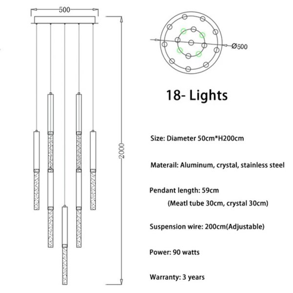 インテリア照明 LEDクリスタルペンダントライト ゴールド（H1200mm〜H3500mm） 