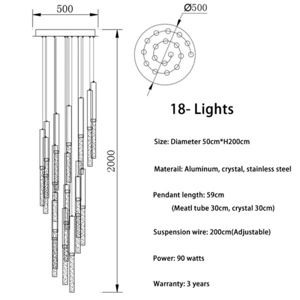 インテリア照明 LEDクリスタルペンダントライト ゴールド（H1200mm〜H3500mm） 