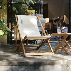 デッキチェア アイボリー リクライニング 3段階 椅子 イス 折りたたみ チェア キャンプ アウトドア ヘッドレスト リゾート 天然木 折り畳み コンパクト