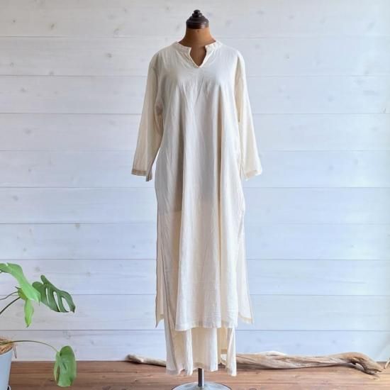 ヂェン先生の日常着 長袖2層ワンピース-生成り