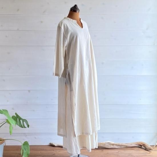 ヂェン先生の日常着 長袖2層ワンピース-生成り