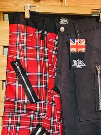 TIGER OF LONDON - 80s STYLE ZIP TROUSERS (TARTAN CHECK RED & BLACK 