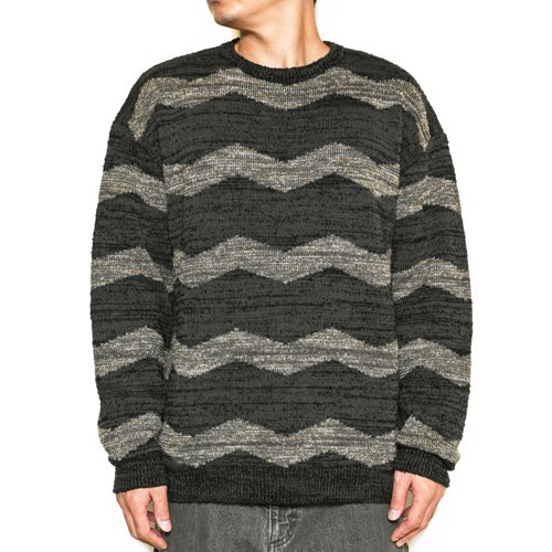 CALEE/キャリー】ZIG ZAG JACQUARD BORDER CREW NECK KNIT SW CHARCOAL