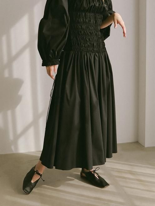 極美品】ETRÉ TOKYO ワンピース シャーリング 黒 ウエストゴム F 