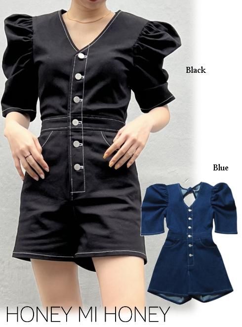 Honey mi Honey (ハニーミーハニー）denim puff rompers 22春夏.【22S