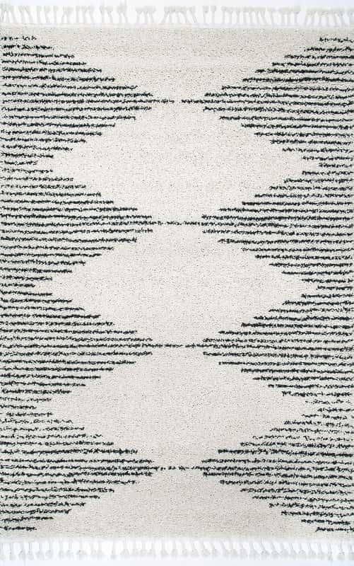 ストライプ ダイヤ柄 モロッカン フリンジ シャギーラグ アイボリー