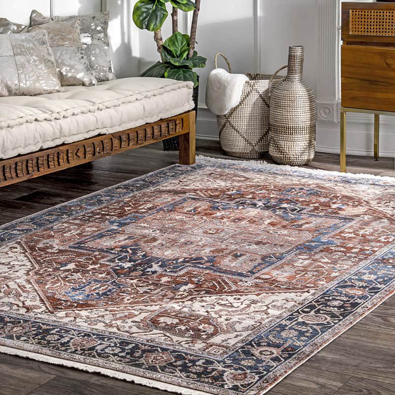 トライバル メダリオン柄 ヴィンテージ風 オリエンタル フリンジラグ ブルー Edessa Tribal Medallion Rug Blue