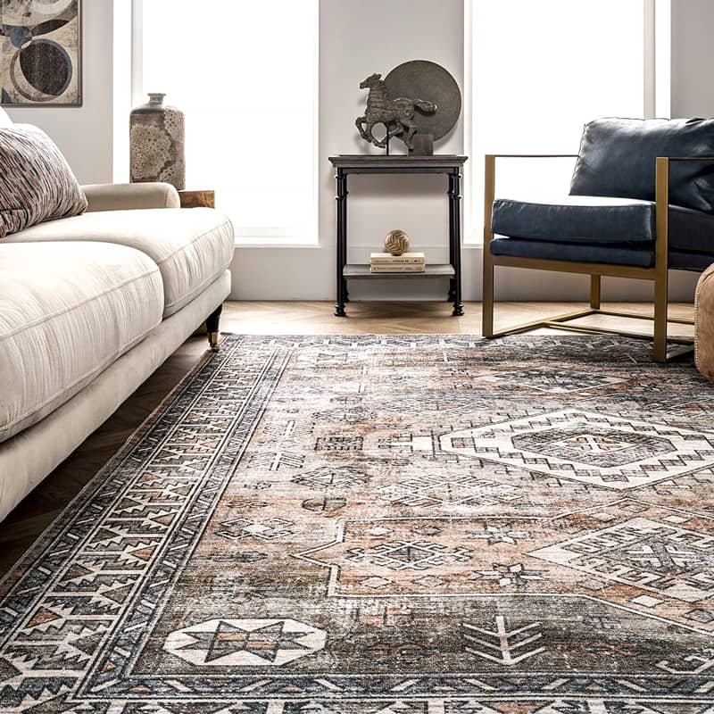 赤茶 錆色 ヴィンテージ風 洗濯 洗えるラグ おしゃれ ウォッシャブル Rust Faded Geometric Washable Rug