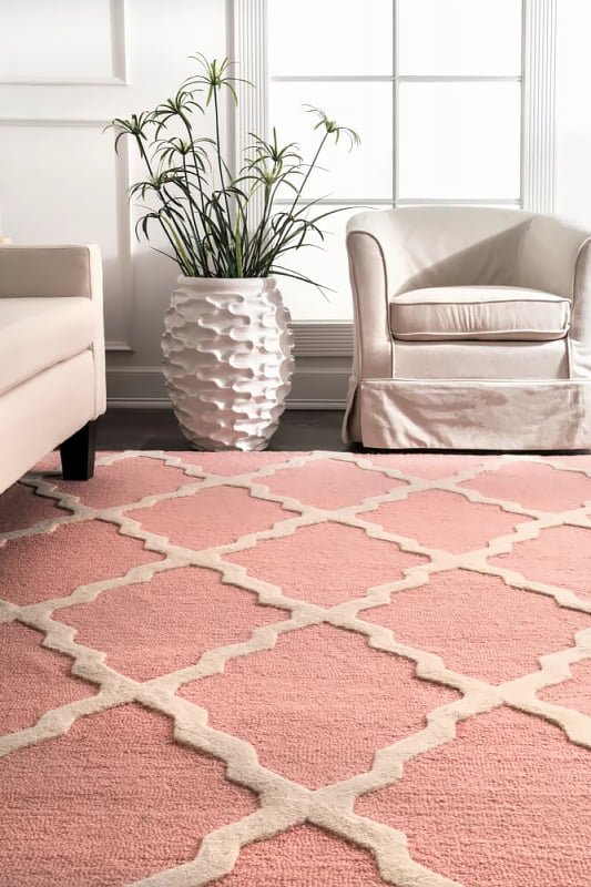 モロッカントレリス柄 ウール100％ かわいい デザインラグ カーペット 絨毯 ピンク Moroccan Trellis BABY PINK