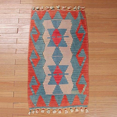 ニューキリム カイセリ 幾何学模様 手織りラグ ウール製 赤 青 オレンジ